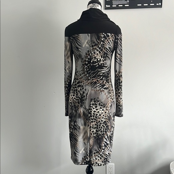 🇨🇦 Frank Lyman Animal Black Gray Leopard print Cowl Midi Dress Size Small - Picture 6 of 7